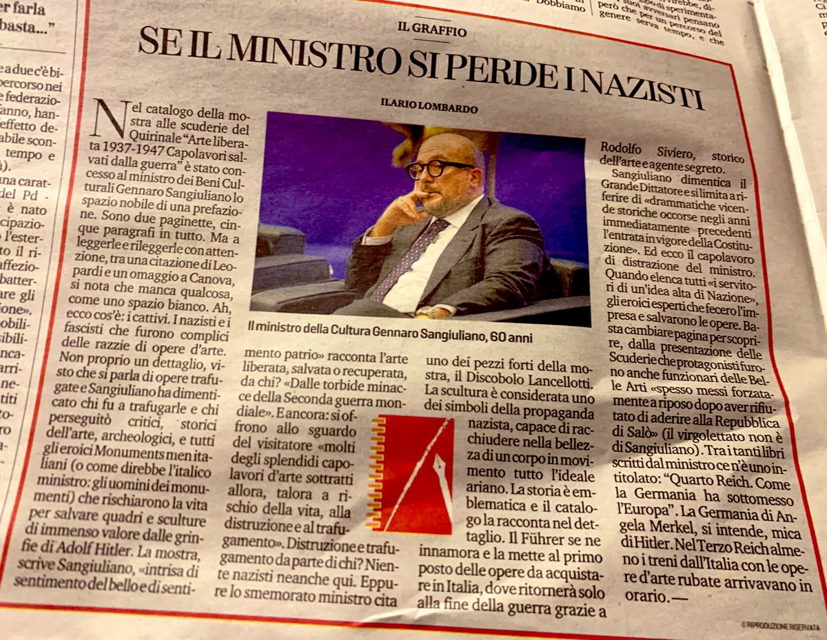 Il ministro ai beni culturali in una mostra sui tesori ITA trafugati nel secondo conflitto mondiale intenzionalmente dimentica di dire che a farlo erano i nazisti col consenso dei fascisti repubblichini: a me fa pena, pena prima di orrore