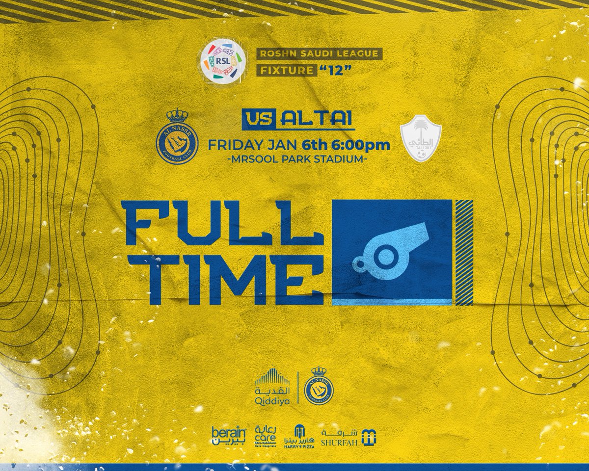 🔚 | صافـرة النهايـة! 

النصر 2 - 0 الطائي
⚽️⚽️ أندرسون تاليسكا

مبروك يا عالميين! 💛
#النصر_الطائي