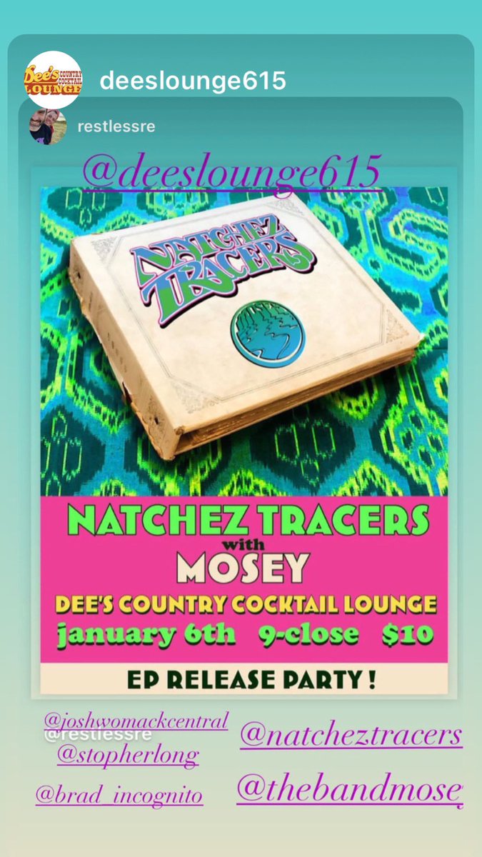 Natchez Tracers (@natcheztracers) on Twitter photo Tonight! EP release! @deeslounge615 <a href="/restlessre/">RestlessRe73</a> <a href="/joshuawomack/">Josh Womack</a> <a href="/stopherlong72/">Chris Long</a> @Brad_Incognito <a href="/LightningCasey/">Casey</a> <a href="/WMOT_RootsRadio/">WMOT/Roots Radio</a> <a href="/WXNAfm/">WXNA 101.5 FM</a> <a href="/joewolfe_maz/">E2TG Joe</a> @analeec #psychedelicamericana #nashvilleroots #nashvillemusic #nashvillesongwriter Tonight! EP release! @deeslounge615 <a href="/restlessre/">RestlessRe73</a> <a href="/joshuawomack/">Josh Womack</a> <a href="/stopherlong72/">Chris Long</a> @Brad_Incognito <a href="/LightningCasey/">Casey</a> <a href="/WMOT_RootsRadio/">WMOT/Roots Radio</a> <a href="/WXNAfm/">WXNA 101.5 FM</a> <a href="/joewolfe_maz/">E2TG Joe</a> @analeec #psychedelicamericana #nashvilleroots #nashvillemusic #nashvillesongwriter