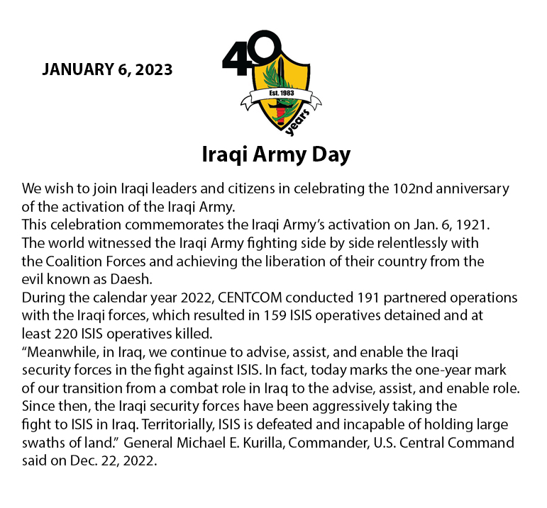 CENTCOM's tweet photo. We wish to join Iraqi leaders and citizens in celebrating the 102nd anniversary of the activation of the Iraqi Army 🇮🇶 https://t.co/1BLqfpYMMC