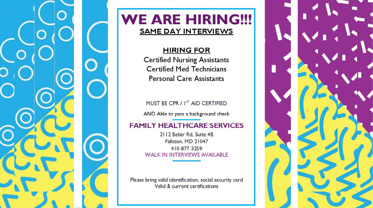 SWNJobsMD's tweet image. Family Healthcare Services is looking for Certified Nursing Assistants, Med Techs, and Personal Care Assistants. Walk-in interviews are available.

#CNA #MT #PCA #JobSearch #Hiring #Jobs  #JobSearchHelp #JobSeeker