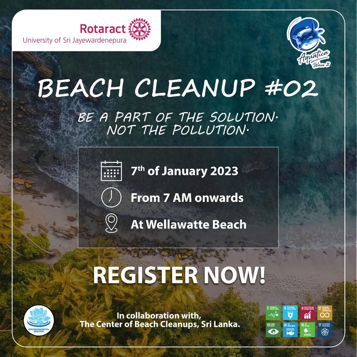 rotaractusjp's tweet photo. Beach cleanup #2 conducted under "Aquatica Wave 3" will be happening on the 7th of January 2023 from 7 am onwards at the Wellawatte Beach.
Registration link: https://t.co/j7wOSslG9V
#AquaticaWave3 #RACUSJ #Rotaract #Rotaract3220 #ImagineRotary #LearnServeandStrive https://t.co/ura6UUMpqc