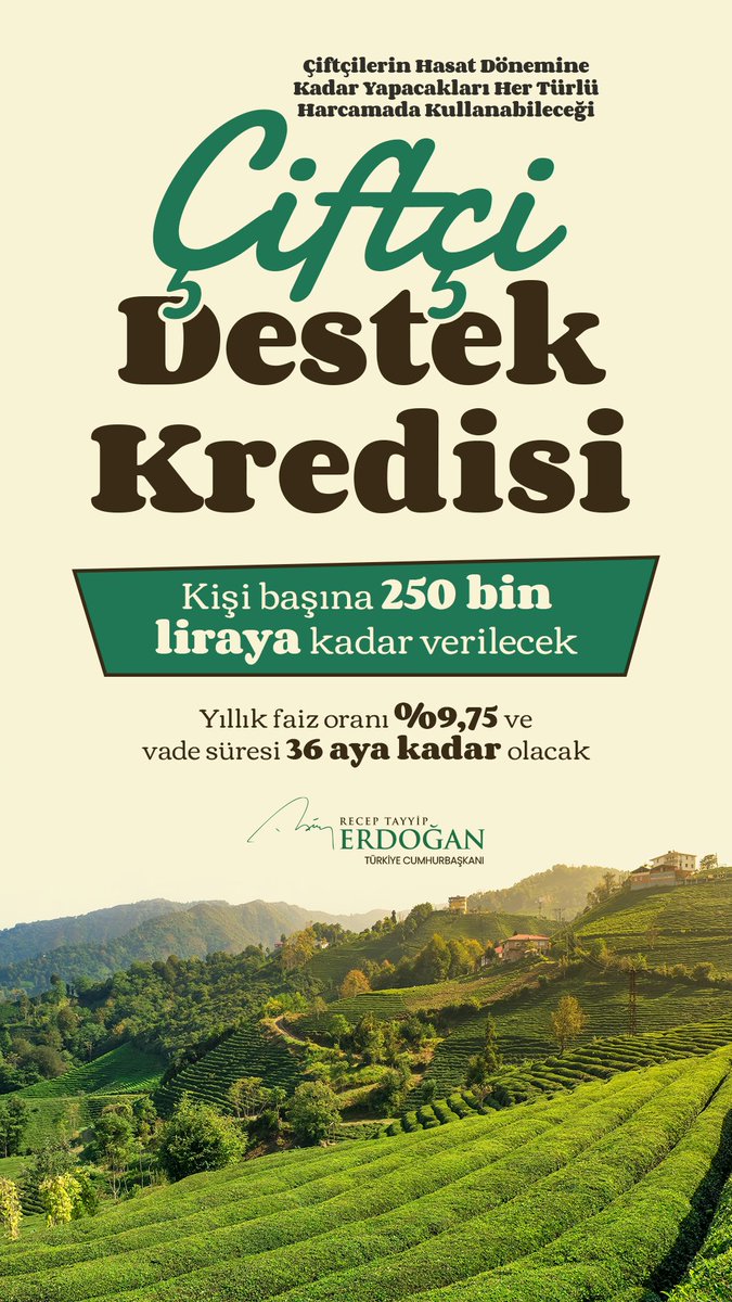 Ekrem ÇELEBİ 🇹🇷 (@ekremcelebi4) on Twitter photo Cumhurbaşkanımız Sn. <a href="/RTErdogan/">Recep Tayyip Erdoğan</a>’dan çiftçilerimize müjdeler.
Çiftçi Destek Kredisi;
📌Kişi başı 250 bin TL' ye kadar
📌Yıllık faiz oranı %9,75
📌36 ay vade
Hayırlı Olsun!
Teşekkürler
<a href="/RTErdogan/">Recep Tayyip Erdoğan</a> Cumhurbaşkanımız Sn. <a href="/RTErdogan/">Recep Tayyip Erdoğan</a>’dan çiftçilerimize müjdeler.
Çiftçi Destek Kredisi;
📌Kişi başı 250 bin TL' ye kadar
📌Yıllık faiz oranı %9,75
📌36 ay vade
Hayırlı Olsun!
Teşekkürler
<a href="/RTErdogan/">Recep Tayyip Erdoğan</a>