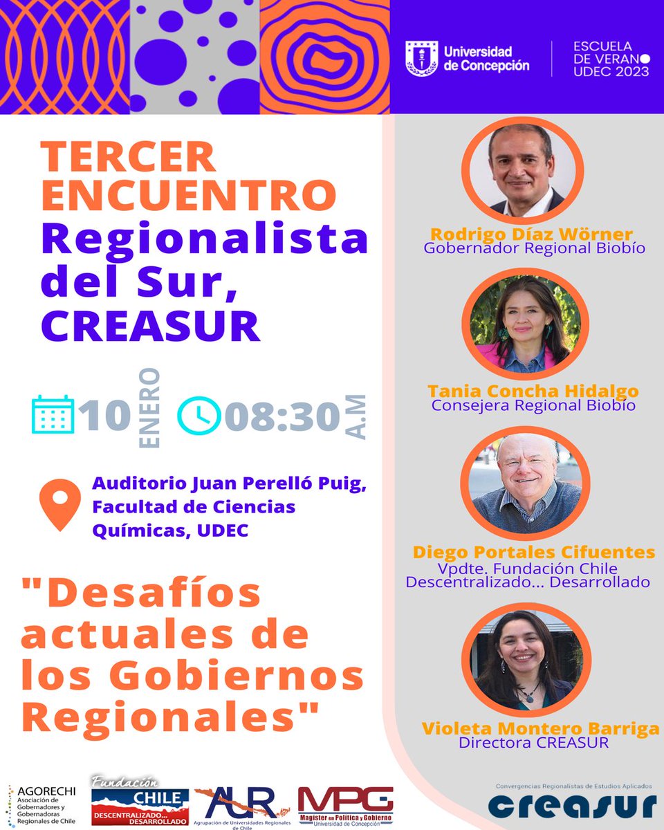 #AgendaMPG 🌎 Sé parte del Tercer Encuentro Regionalista del Sur: “Desafíos actuales de los Gobiernos Regionales”; actividad organizada por 
<a href="/CreasurUdec/">CreaSur UdeC</a> en el marco de la #EscuelaVeranoUdeC 2023.

¡Conoce los detalles en la publicación! ↓