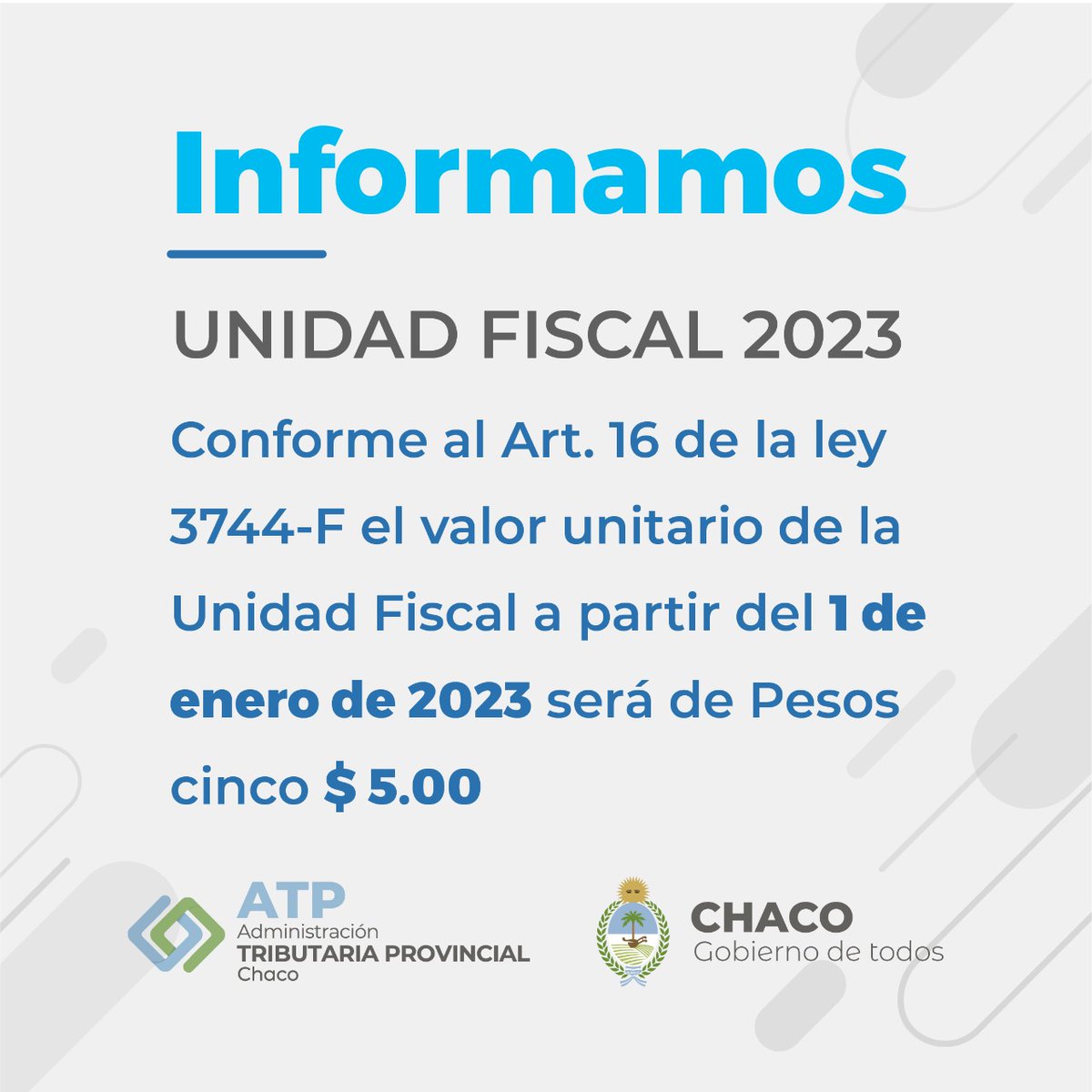 ChacoAtp's tweet photo. INFORMAMOS 📣

☑️ Nuevo valor de la #UnidadFiscal.

📧Dudas y/o consultas: atp.atcontribuyente@chaco.gob.ar https://t.co/fKyojGrE7g