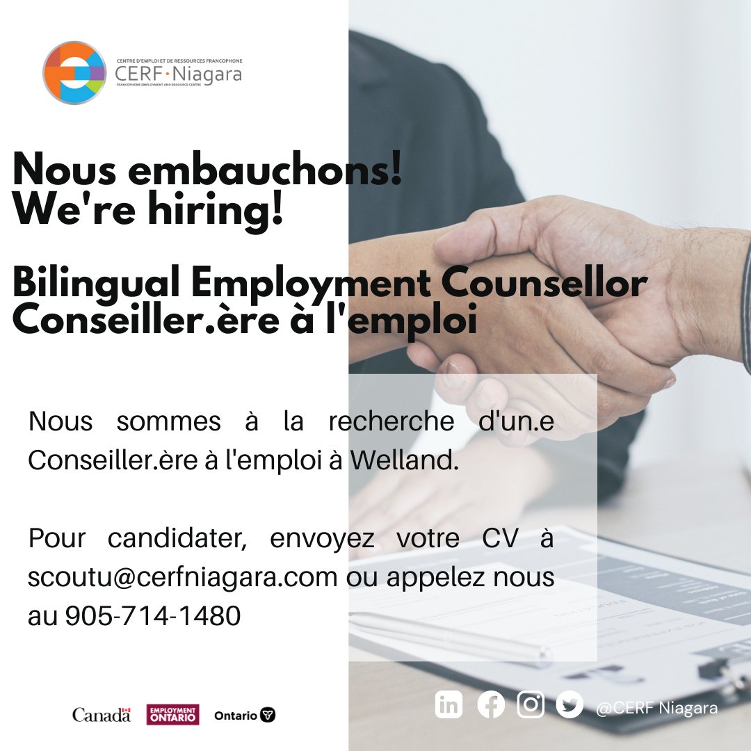 CERFNiagara's tweet photo. Nous embauchons!  
Nous sommes encore à la recherche d'un conseiller en emploi bilingue
.
We’re hiring!  
We are still looking for a bilingual Employment Counsellor. 
 https://t.co/jegpfnSJ5w https://t.co/RBAZm90vmh