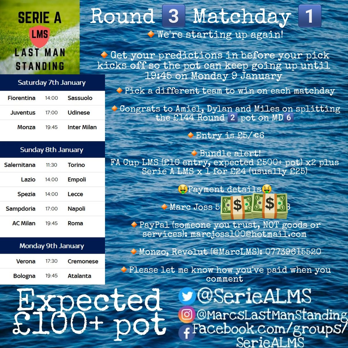 SerieALMS's tweet photo. Round 3️⃣ Matchday 1️⃣
🔸Off we go again!
🔸Congrats to Amiel, Dylan and Miles on splitting the £144 Round 2️⃣ pot on MD6️⃣
🔸£24 bundle with @FACupLMS which is launching this weekend! You get two #FACupLMS entries plus one #SerieALMS entry!
🔸£5/€6 entry otherwise https://t.co/mUQ0X5W2nI