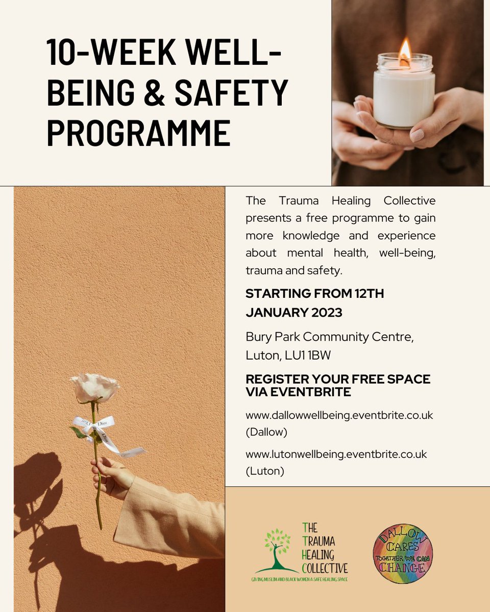 Traumahealingc's tweet photo. FREE Face to Face programme for Women only. Must be Luton resident.

https://t.co/SshBn5CiIQ (Dallow Ward) 

https://t.co/vkw2IGLMuV (All Luton)

#Wellbeing #parenting #mentalhealth #muslimsupport #muslimmentalhealth #blackwomen #blackwomenmentalhealth https://t.co/83ssmN6iG8
