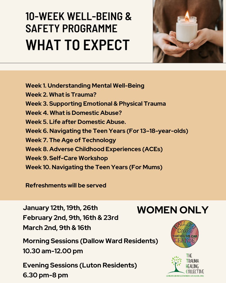 Traumahealingc's tweet photo. FREE Face to Face programme for Women only. Must be Luton resident.

https://t.co/SshBn5CiIQ (Dallow Ward) 

https://t.co/vkw2IGLMuV (All Luton)

#Wellbeing #parenting #mentalhealth #muslimsupport #muslimmentalhealth #blackwomen #blackwomenmentalhealth https://t.co/83ssmN6iG8