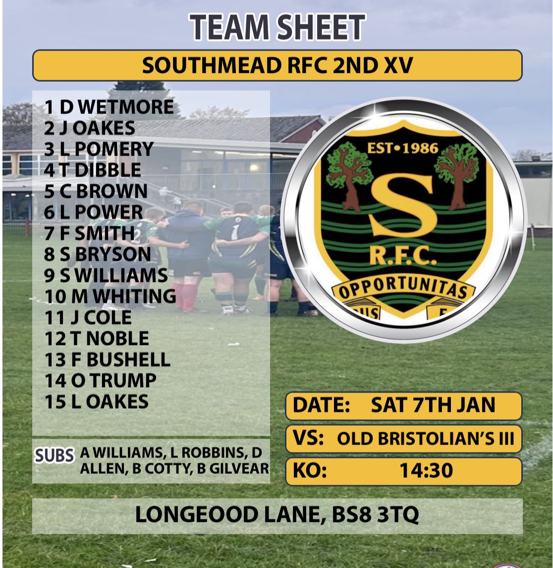 Southmeadrfc's tweet photo. Two strong teams out for the first bit of rugby action for 2023.

1st XV are home to @Aretians and the 2nd XV are away to @OBsRugby , both games are league fixtures.

Good luck all

COTM https://t.co/xjBOlYSwVm
