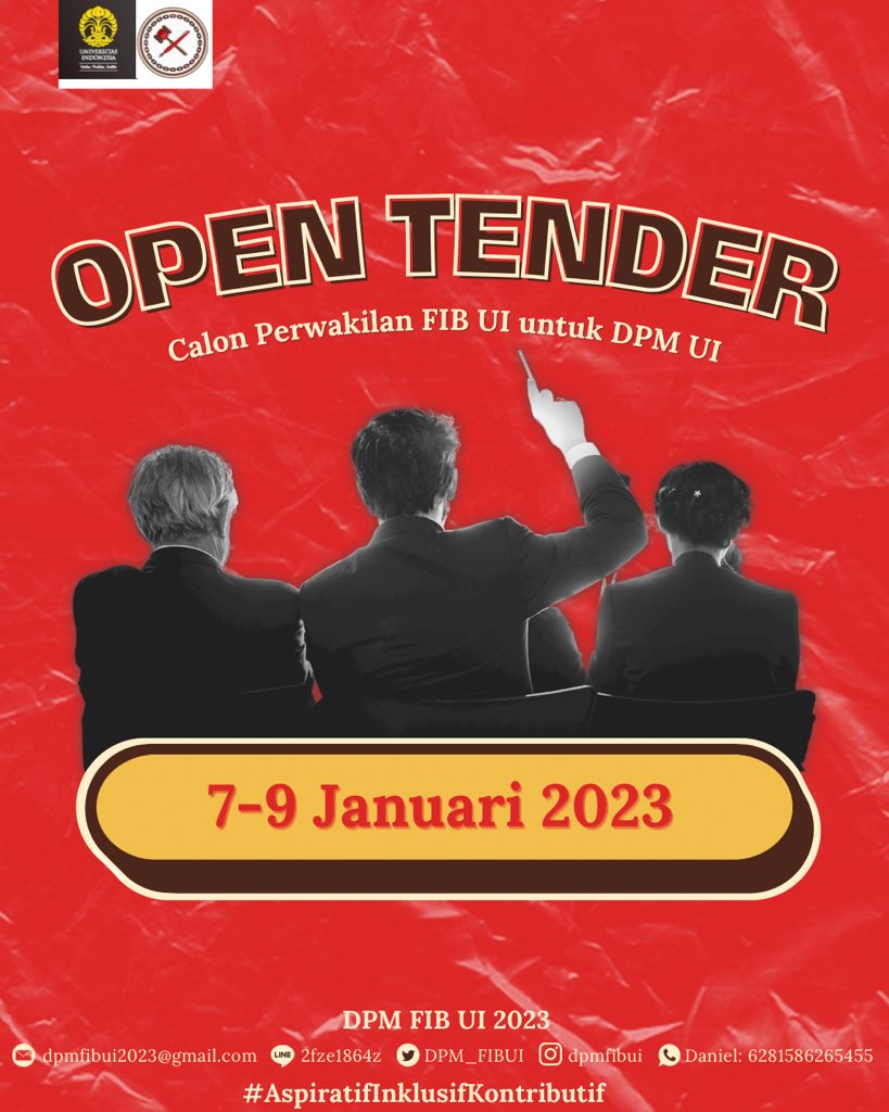 DPM_FIBUI's tweet photo. [OPEN TENDER CALON PERWAKILAN FIB UI UNTUK DPM UI]

Halo, IKM FIB UI! 👋

📣 Open Tender untuk Calon Perwakilan FIB UI untuk DPM UI 2023 dibuka kembali! Mulai dari 7-9 Januari 2023!! 📣 https://t.co/waaxHNjHij