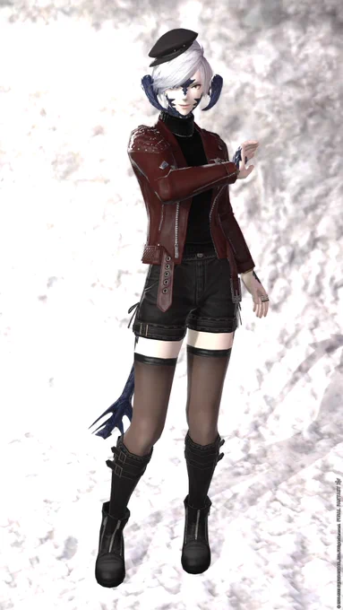 FF14 こっちも頂いたお洋服～!ライダースジャケットほんっっとかっこいい。赤ライダースにして五三脚術とあわせたんだけどめちゃかわいい。アウラの女の子は小柄だから格好いい服にもこのくらいかわいいを混ぜ込むとかわいい。 