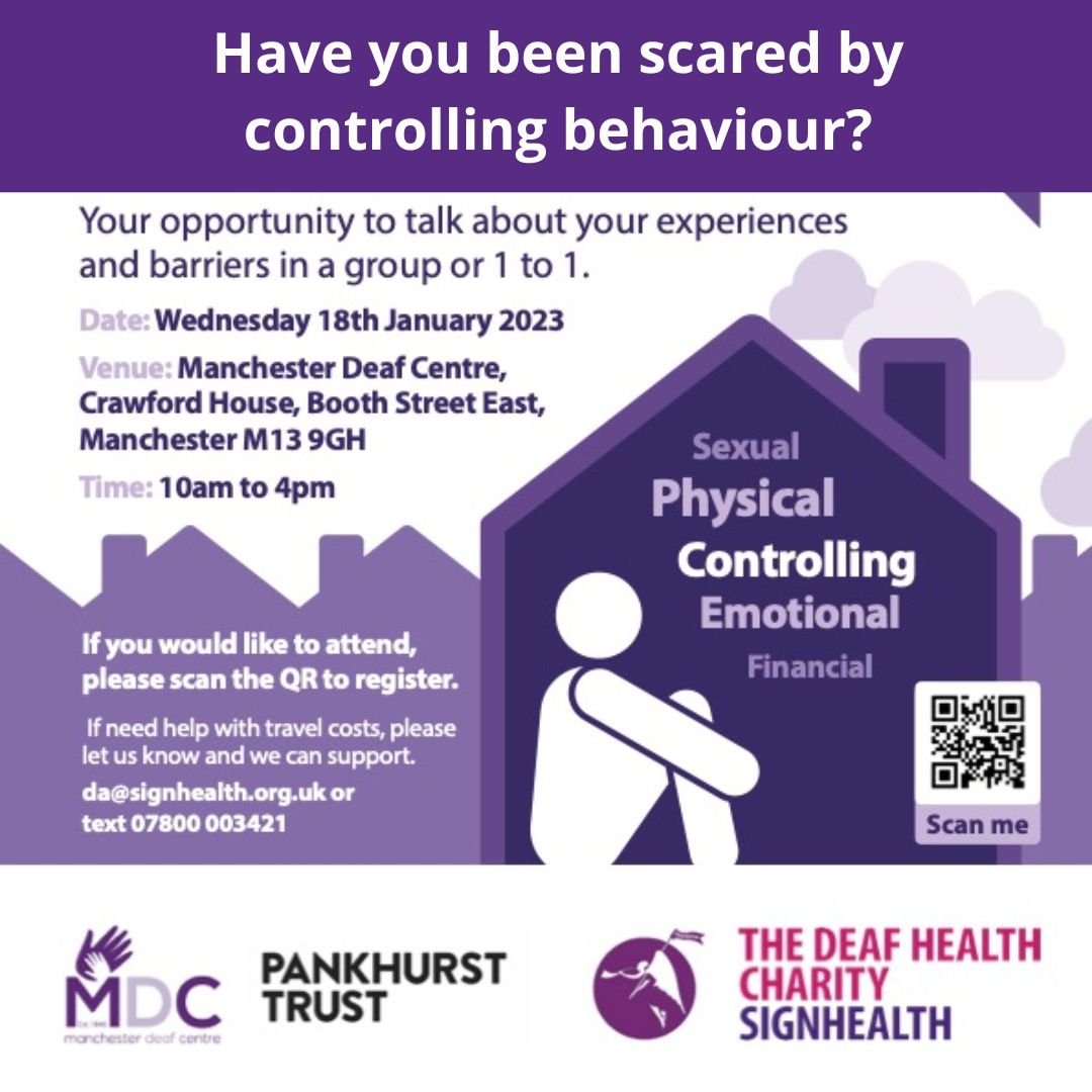 SignHealth's tweet photo. We are working with @DeafCentre and @MancWomensAid  Women's Aid to gather experiences of domestic abuse in the #DeafCommunity. If you, or someone you know has experienced abuse, please come and chat with us on Wednesday 18 January at Manchester Deaf Centre from 10am - 4pm https://t.co/zd2AUweLBJ