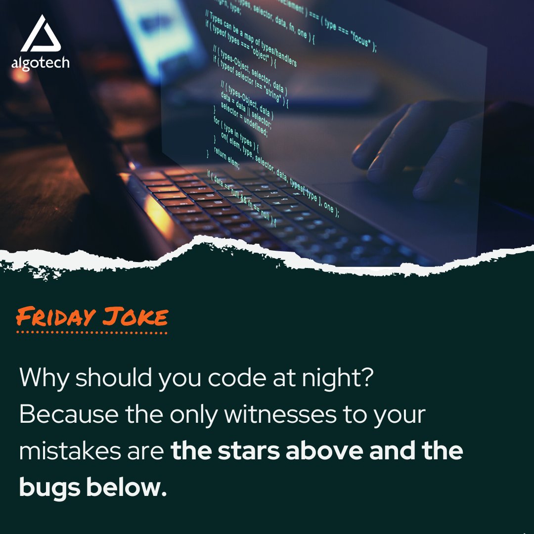 algotechsoft's tweet photo. Can you find a good reason to work at night? 😬
#codingisfun #development #computer #technology #programmerslife #programmerhumor #fridayfun #jokesfordays #weekendmood #codeatnight #stars #programmingbugs https://t.co/qV3CmZPBpC