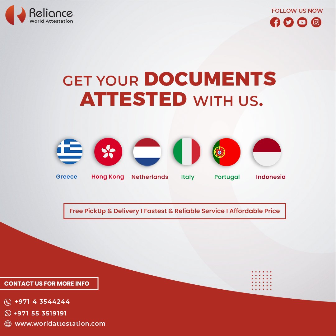 WAttestation's tweet photo. Reliance World Attestation Service, Dubai provides all types of Documents Attestation. 
Fastest | Safest | Reliable

Contact us!
📞 Call: +971 4 35 44 244
💬 WhatsApp: +971 55 351 9191
📧 info@worldattestation.com
🌐 https://t.co/2AMhTAboz5 https://t.co/42TGuwE5Zq