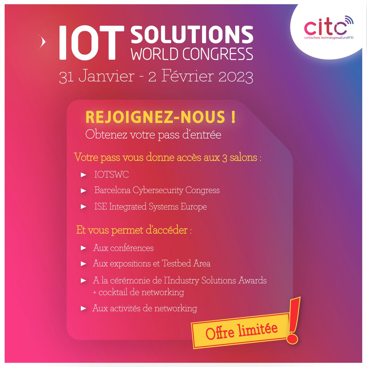 CITC-EuraRFID (@iotcluster) on Twitter photo 🚨 Découvrez le marché espagnol au salon <a href="/IOTSWC/">IOT Solutions World Congress</a> 👉 345 millions d'appareils connectés
Nous vous offrons votre Full Pass, assistez aussi au #cybersecurité Congress & l'@ISE Integrated Systems Europe
➡️bit.ly/3SSHDM9
📆 31/01 - 2/02/2023 à Barcelone
<a href="/hautsdefrance/">Région Hauts-de-France</a> 🚨 Découvrez le marché espagnol au salon <a href="/IOTSWC/">IOT Solutions World Congress</a> 👉 345 millions d'appareils connectés
Nous vous offrons votre Full Pass, assistez aussi au #cybersecurité Congress & l'@ISE Integrated Systems Europe
➡️bit.ly/3SSHDM9
📆 31/01 - 2/02/2023 à Barcelone
<a href="/hautsdefrance/">Région Hauts-de-France</a>