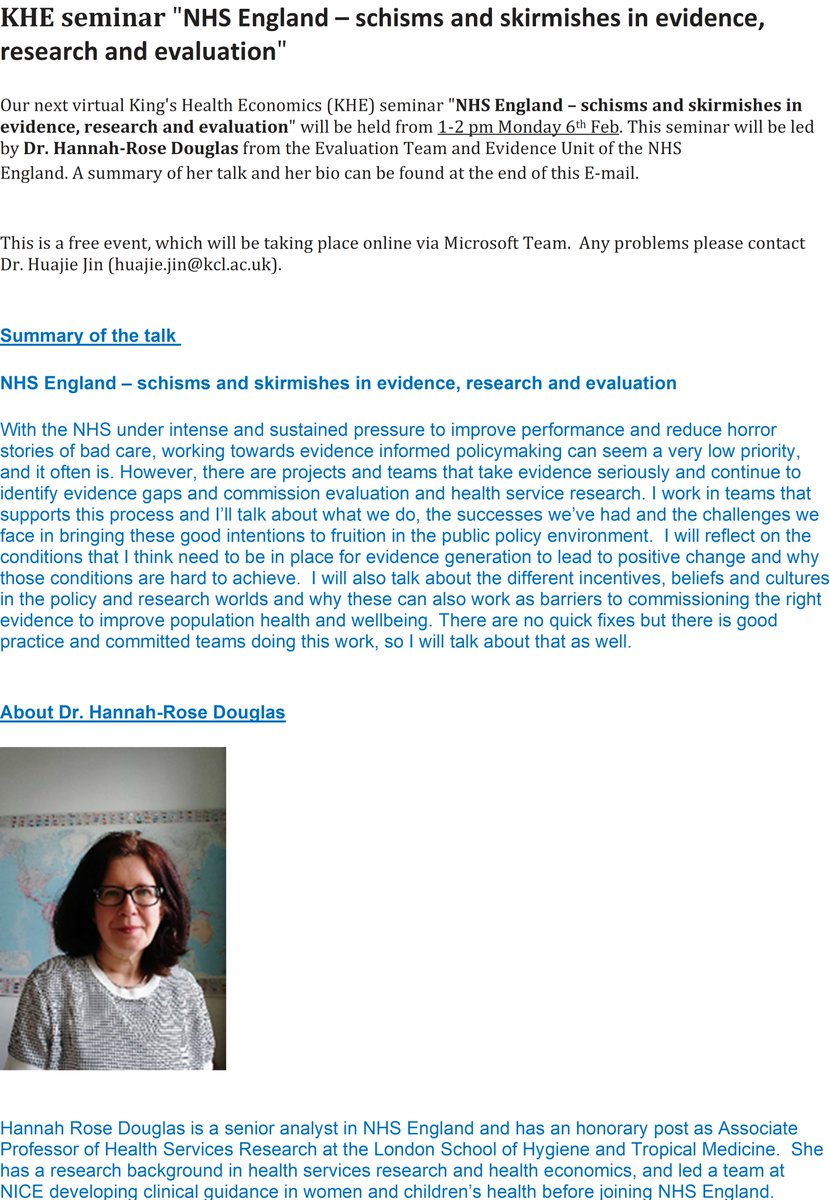 Lily Huajie Jin (@jinhuajiehotma1) on Twitter photo Join our next virtual @KHE_Kings seminar "NHS England ā schisms and skirmishes in evidence, research and evaluation" led by Dr. Hannah-Rose Douglas from NHS England at 1-2 pm Monday 6th Feb. Free tickets can be booked here: eventbrite.co.uk/e/nhs-england-ā¦
<a href="/KingsHSPR/">HSPRD IOPPN</a> <a href="/KCLBHI/">Biostatistics & Health Informatics at KCL</a> @HESG Join our next virtual @KHE_Kings seminar "NHS England ā schisms and skirmishes in evidence, research and evaluation" led by Dr. Hannah-Rose Douglas from NHS England at 1-2 pm Monday 6th Feb. Free tickets can be booked here: eventbrite.co.uk/e/nhs-england-ā¦
<a href="/KingsHSPR/">HSPRD IOPPN</a> <a href="/KCLBHI/">Biostatistics & Health Informatics at KCL</a> @HESG