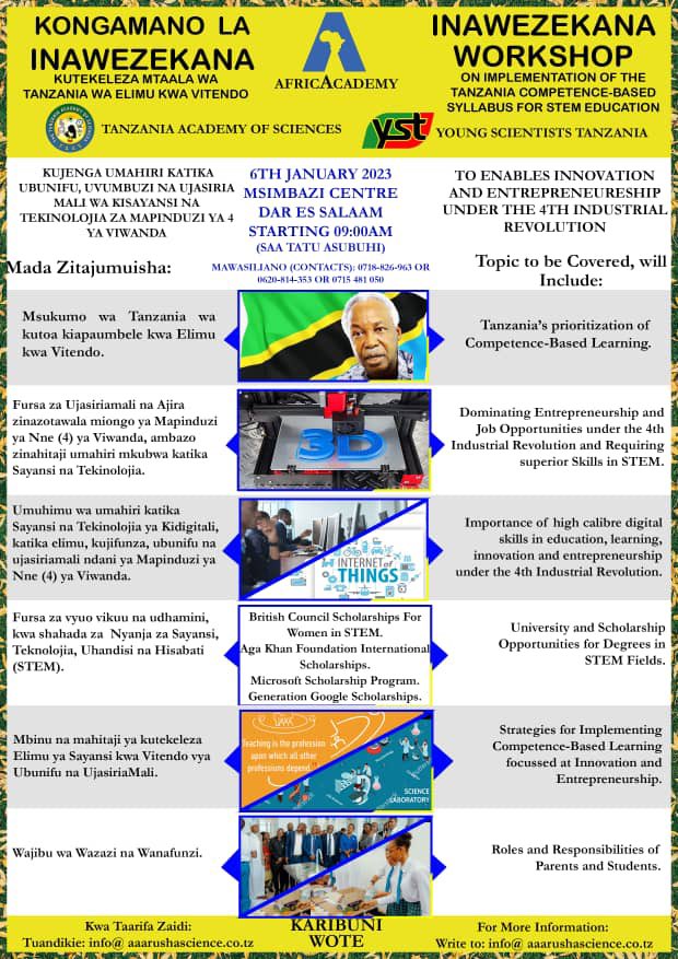 ystanzania's tweet photo. Great start to #2023 #Science4Development Prof Yunus Mgaya @mgaya_prof and Dr Kamugisha @GozibertK gave a presentation at Workshop on Implementation of Tanzania Competence-Based Syllabus for STEM Education https://t.co/PcUaZm3GIN