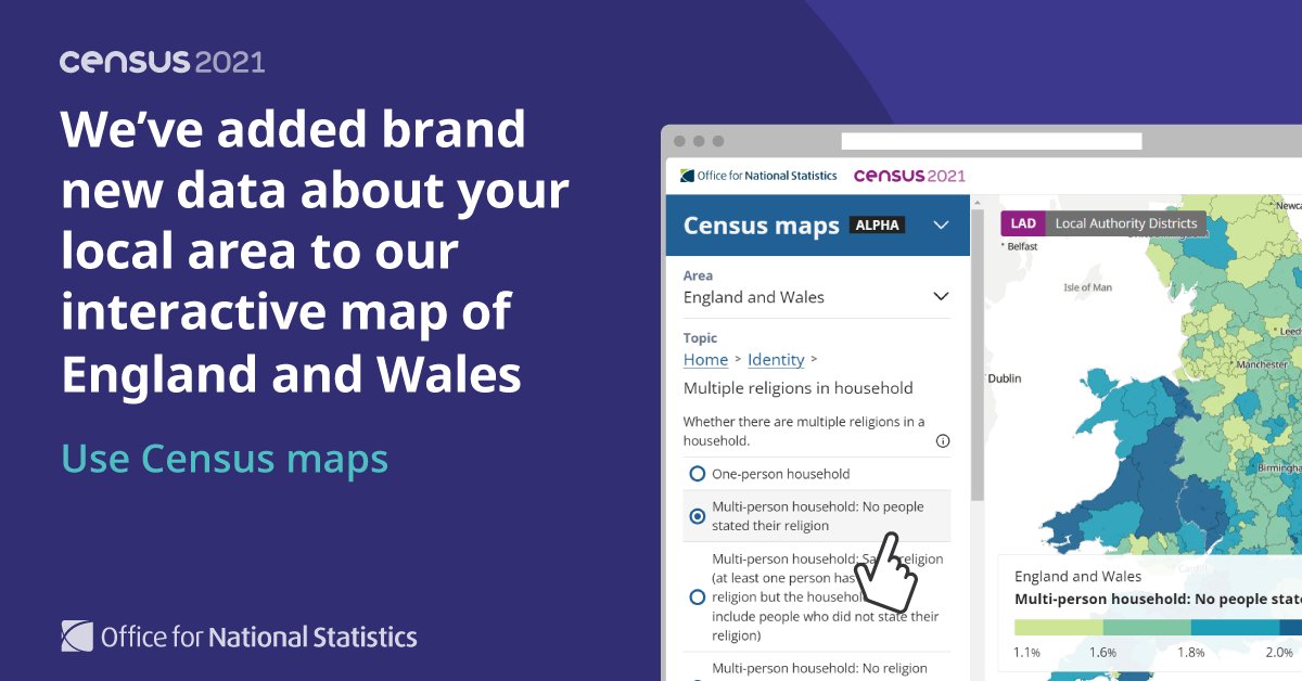 ONS's tweet photo. We’ve updated our Census maps tool, adding data published today on sexual orientation and gender identity in England and Wales.

Discover what the data in your neighbourhood shows ➡️ https://t.co/NEqbnAIeGK https://t.co/UwhpBYNQUn