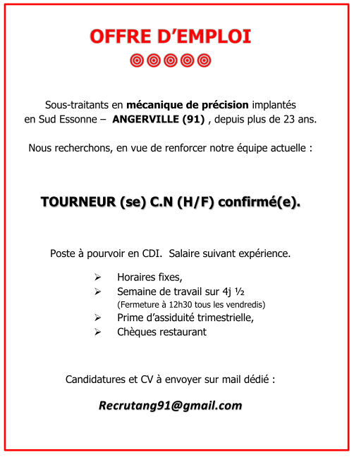 #offreemploi  #Recrutement #mecaniquedeprecision #usinage #tournage #fraisage #tourcn #tourneurcn #fraiseur #tourneur #essonne #iledefrance #angerville #etampes #loiret #orleans #eureetloir #chartres