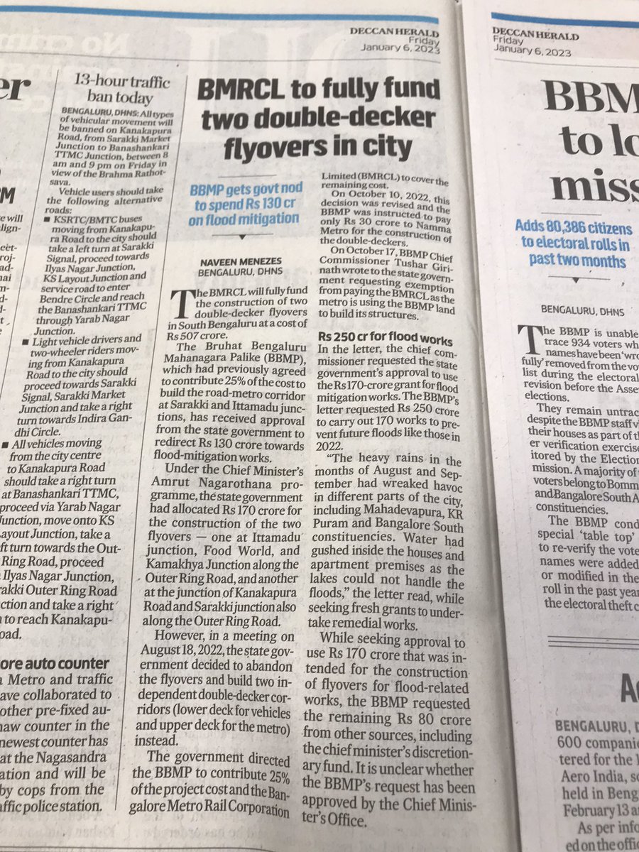 naveenmzs's tweet photo. BMRCL to fully fund the construction of two double decker flyovers in South Bengaluru.
BBMP gets GoKโs approval to use Rs 130 crore โ earlier allocated for Sarakki and Ittamadu flyovers โ for flood mitigation works. @BBMPCOMM @cpronammametro https://t.co/HQGvtG0h1v