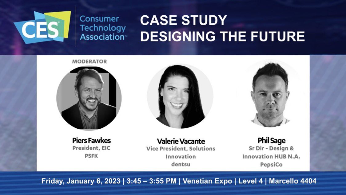 Looking forward to sharing perspective alongside PepsiCo's <a href="/PaddyPaxo/">Phil Sage</a> and <a href="/PSFK/">PSFK</a>'s <a href="/piers_fawkes/">Piers Fawkes</a> in the session "Designing the Future: Case Study," at <a href="/CES/">CES</a>🔮

Join us on Friday! 
Venetian Expo | Level 4 | Marcello 4404 | 3:45pm 

#NXTIntelligence #CES #CES2023 #Design #innovation