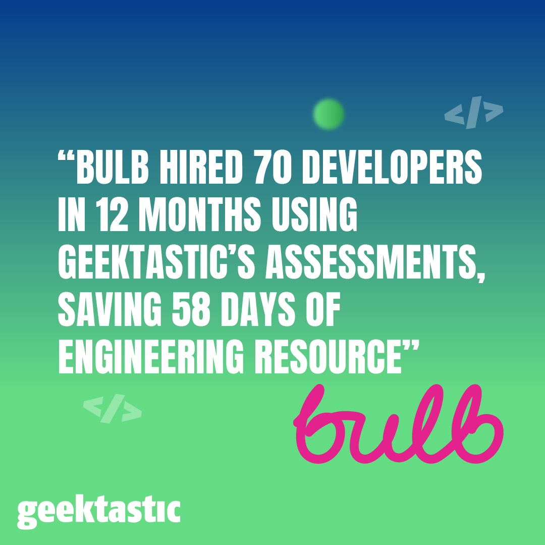 Geektastic_Code's tweet photo. @BulbUK have shared how Geektastic has improved their hiring process by providing human-reviewed technical assessments designed by developers at companies like Google and Amazon. You can read the full case study from Bulb online here  https://t.co/lwuGxbbcxz https://t.co/HAD4IdEusJ