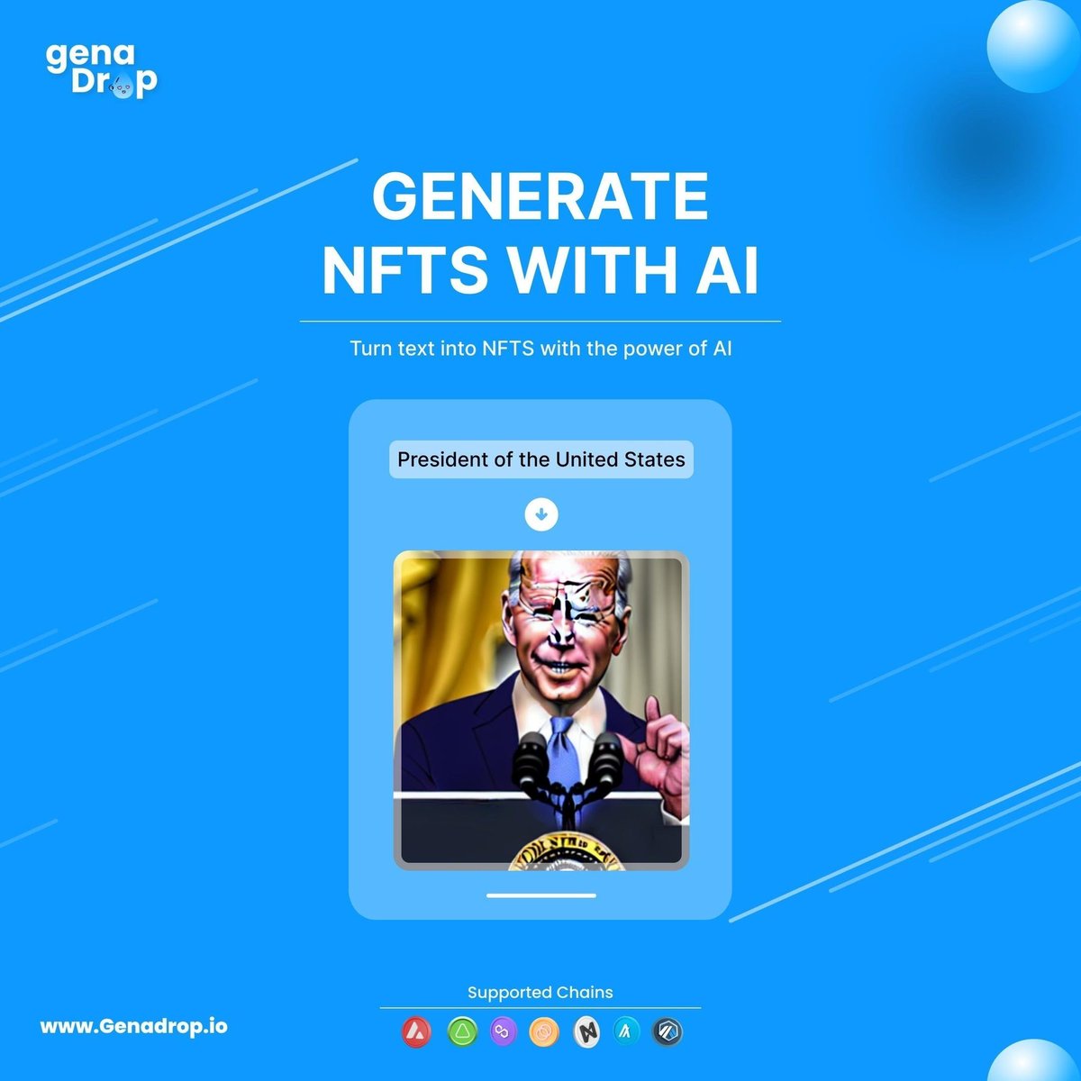 genadrop's tweet photo. โ๏ธTurn text -> ๐ผ image -> โNFT live on #GenaDrop ๐ง powered by #AI
Available on 7 blockchains #NEAR #Algorand #Arbitrum #Aurora #Avalanche #Algorand #Celo #Polygon
https://t.co/Hk5j1ALowX (in beta) https://t.co/NTNkN1SWaW