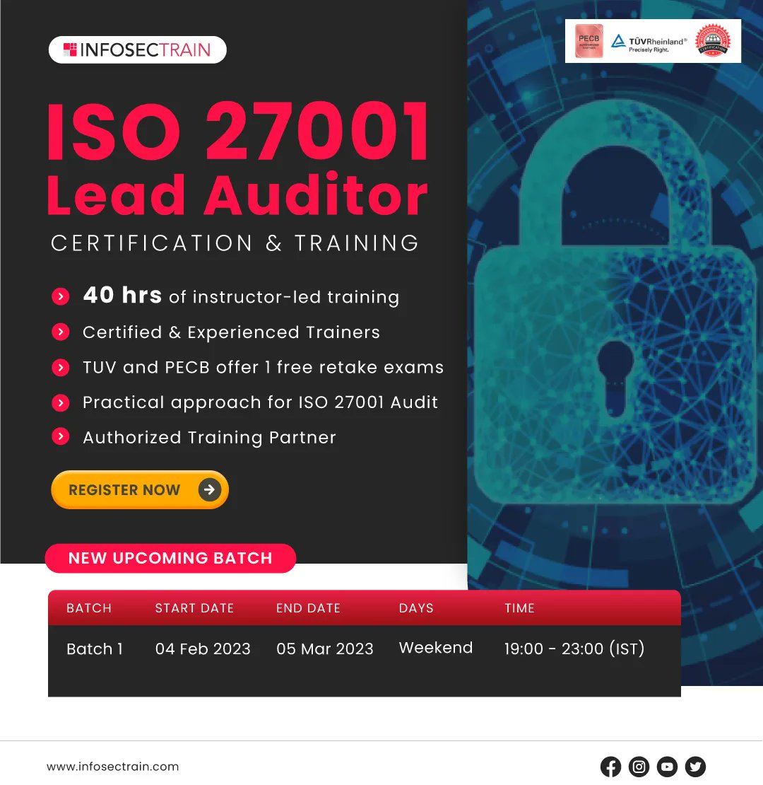 Infosec_Train's tweet photo. ISO/IEC 27001 Lead Auditor Certification & Training
Enroll Now: https://t.co/TCU8FJaRcE
Email: sales@infosectrain.com
#iso #iso27001 #iso27001la #training #iso27001certification #auditinternal #internalaudit #27001latraining #27001la #learntorise #infosectrain https://t.co/yX1lORkaaD