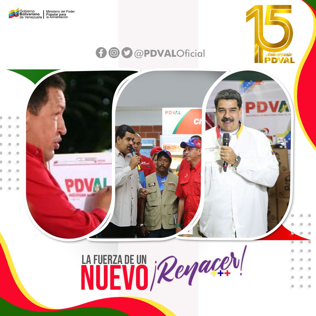PDVAL_OFICIAL's tweet photo. Hoy #6Ene celebramos en #PDVAL, 15 años de luchas, batallas y Victorias, pero sobre todo de dedicación amor y compromiso.

Somos una empresa nacida en Revolución como instrumento de batalla y protección social.

¡#15AñosAlimentandoFamilias! 

¡La fuerza de un nuevo Renacer! https://t.co/Zl8fxkmYjs