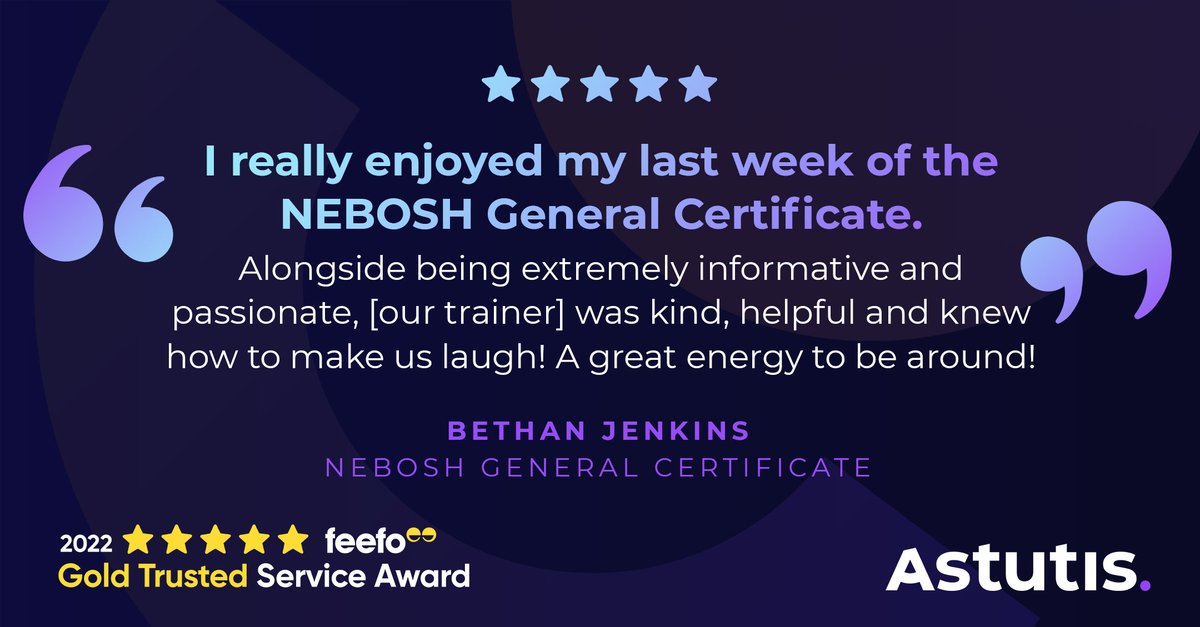 Astutis's tweet image. Welcome to the first #FeefoFriday of 2023!

A great 5-star review by our NEBOSH General Certificate learner Bethan.

Our professional team of tutors are renowned for being HSE industry masterminds! 

Training designed by experts, for experts!

#FeefoGold #LearnerExperience