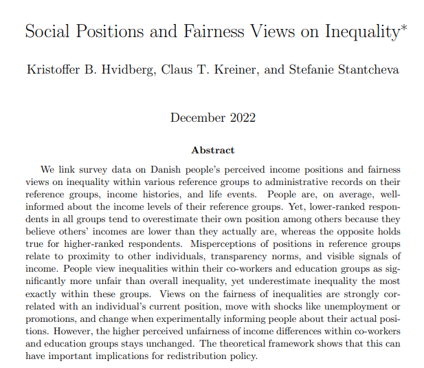 The Review of Economic Studies (@reveconstudies) on Twitter photo How well do people know their social position relative to others in society? How does their position shape their views on fairness?
A new paper from <a href="/KBHvidberg/">Kristoffer Hvidberg</a> & <a href="/okoctk/">Claus Thustrup Kreiner</a> of <a href="/Economics_UCPH/">Economics_UCPH</a> and <a href="/S_Stantcheva/">Stefanie Stantcheva</a> of @harvardecon:
restud.com/paper/social-p… How well do people know their social position relative to others in society? How does their position shape their views on fairness?
A new paper from <a href="/KBHvidberg/">Kristoffer Hvidberg</a> & <a href="/okoctk/">Claus Thustrup Kreiner</a> of <a href="/Economics_UCPH/">Economics_UCPH</a> and <a href="/S_Stantcheva/">Stefanie Stantcheva</a> of @harvardecon:
restud.com/paper/social-p…