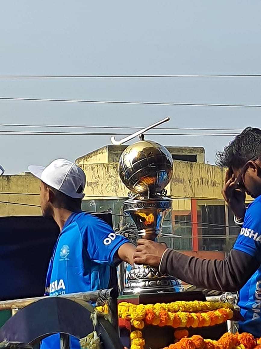 Welcome Celebration of FIH World Championship Trophy in presence of Hon'ble MLA, Chairman, Parjang Panchayat Samiti, Vice Chairman Zilla Parisad, Dhenkanal, Sub-Collector, Kamakhyanagar, Addl. Executive Officer, Zilla Parisad, Dhenkanal, BDO, Parjang, Tahasildar, Parjang