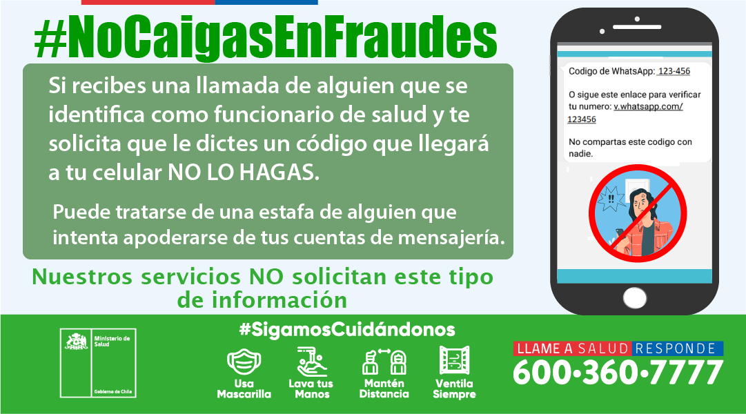 Salud_Responde's tweet photo. #NoCaigasEnFraudes⚠️ 
Si recibes una llamada, mensaje o whatsapp, en el que te soliciten un código que recibirás en tu número celular. NO LO HAGAS❌! es una estafa.
#Comparte y alerta especialmente a personas mayores https://t.co/mgvaACLwrg