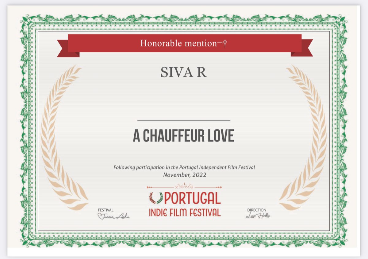 3S_Pictures's tweet photo. Thank you, Portugal Indie Film Festival, for giving Honorable mention to Karotiyin kadhali (A Chauffeur Love). https://t.co/DHYcT7SsXC