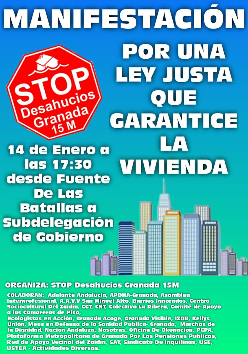 Desde <a href="/EcologistasGr/">Ecologistas en Acción Granada</a> nos sumamos a la convocatoria de manifestación por una ley justa de vivienda de Stop Desahucios. Una ley ambiciosa y no recortada, coherente con las reivindicaciones del movimiento por la vivienda.

📅Sábado 14 de enero 
⏱️17.30 h.
📌 Fuente de las Batallas