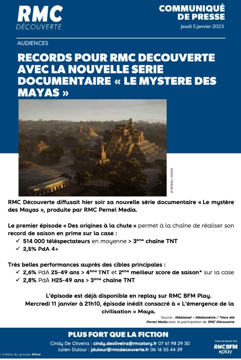 Record d'#audience pour le premier épisode "Les Mayas des origines à la chute" ! 🙌

Un épisode à voir et revoir sur : bit.ly/LesMayas

Et rendez-vous mercredi 11 janvier pour le deuxième épisode sur <a href="/RMCDecouverte/">RMC Découverte</a> à 21h10 !