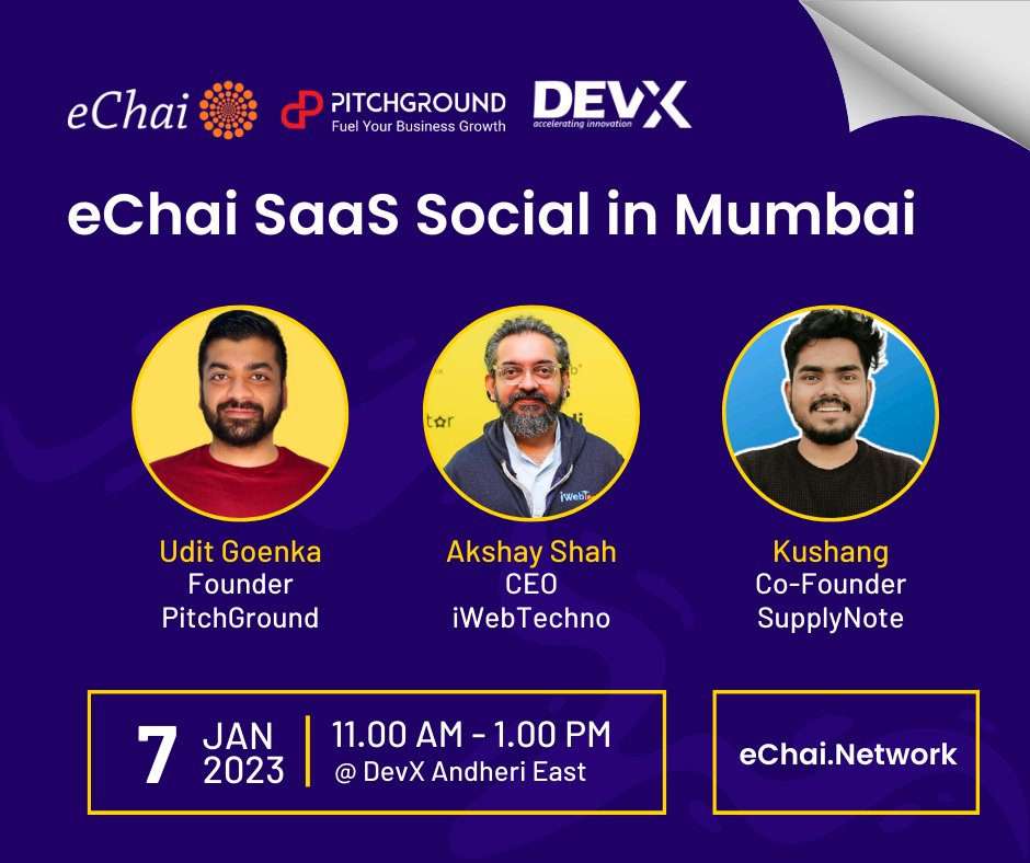 jatin10's tweet photo. We are collaborating with @DevX_Work &amp; @PitchGroundHQ to host eChai SaaS Social in Mumbai tomorrow (Saturday) morning at DevX Andheri East from 11 am to 1 pm.

Small Group. Candid Conversations. Key Insights.

Free registration @ https://t.co/wjBzTF7Hm4

#eChai #Startups #Mumbai https://t.co/lxrhDCRELU