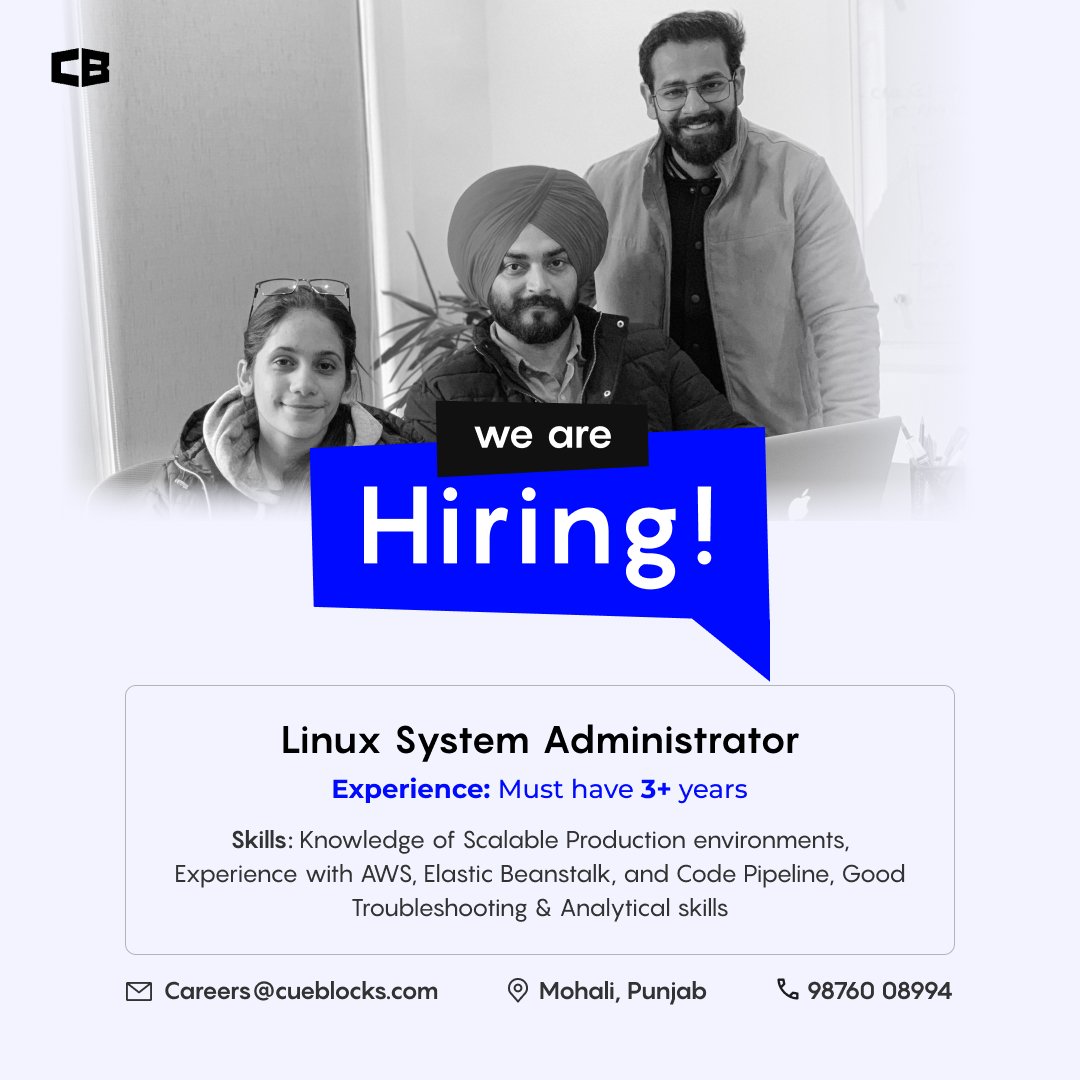 CueForGood's tweet photo. CueBlocks is looking to expand its team of dynamic members! 

Come work with us if you think you can add to our creative company culture.

#HIRINGNOW #Recruiting #jobsearch #Career #systemadministrator #Linux #cueblocks https://t.co/N9jdd0ZVXT