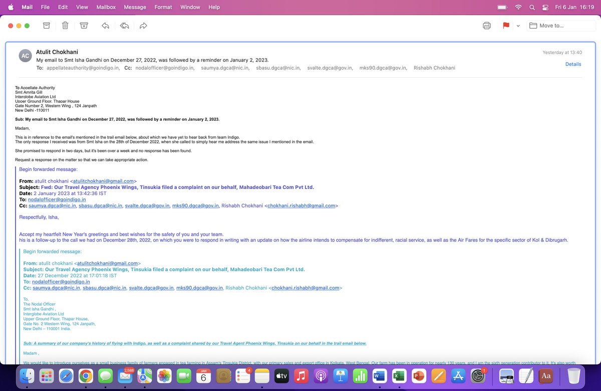 atulitchokhani's tweet photo. @IndiGo6E - On the 27th of December 2022, an email was sent to your Nodal Officer, followed by a reminder on the 2nd of January 2023. Finally, only yesterday did I request that Smt Amrita Gill address the issue but no response as yet.#INDIGO https://t.co/JnGcSkS2qA