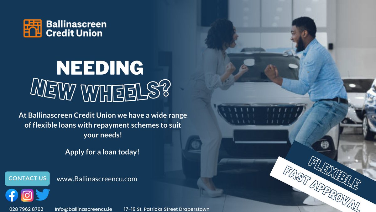 Heading into the new year needing an upgrade?

We at Ballinascreen Credit Union are always happy to help our members!

Flexible loans with repayment plans suited to how you would like to pay them back

Apply today to get your new year off to a good start!