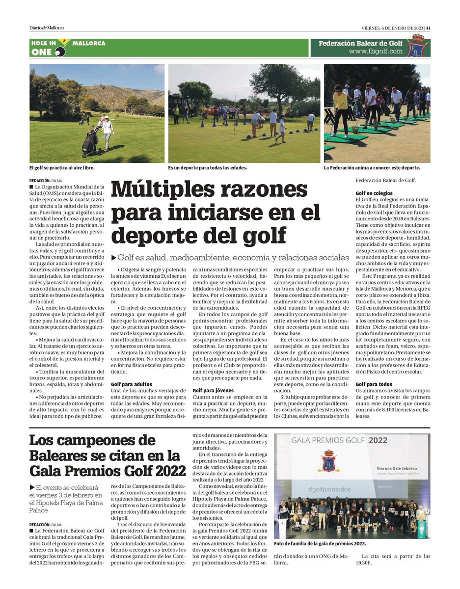 FBalearGolf's tweet photo. Buenos días! ✨️ Este es hoy viernes 6 de enero nuestro suplemento #holeinone en @diariomallorca.
Esperamos que los Reyes Magos se hayan portado bien con vosotros! 🎁👑
#FelizDiaDeReyesMagos #regalagolf #muchogolf #golfparatodos https://t.co/QdQwl1tby2