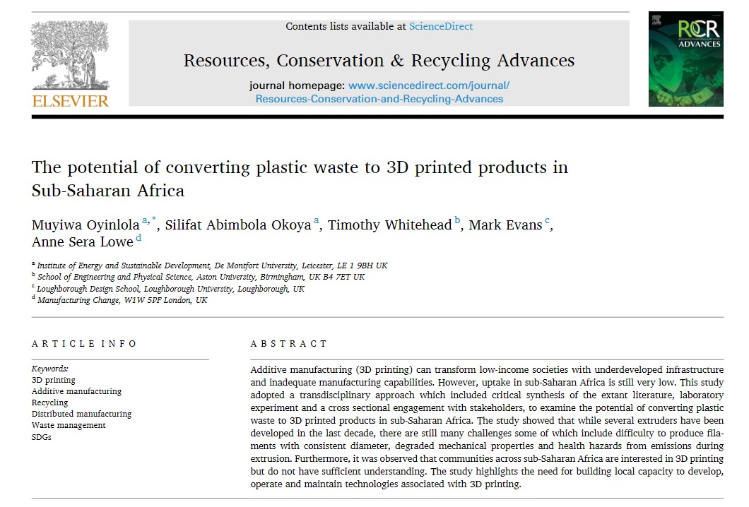 Our new publication on 3D printing for the Circular Plastic Economy transition in  Africa, examines the opportunities and barriers of a decentralised, low-cost approach for converting discarded plastics to products. Read it here👉 doi.org/10.1016/j.rcra…

#CircularEconomy