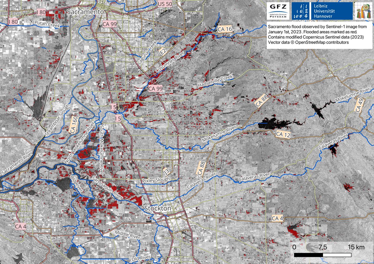 The map below is derived using #SAR-based #Sentinel -1 image on 1st Jan 2023. Flooded areas are depicted in red; Blue color represents water bodies. 

#Highway99 (depicted as CA99) can be seen flooded in the map.  (3/4)