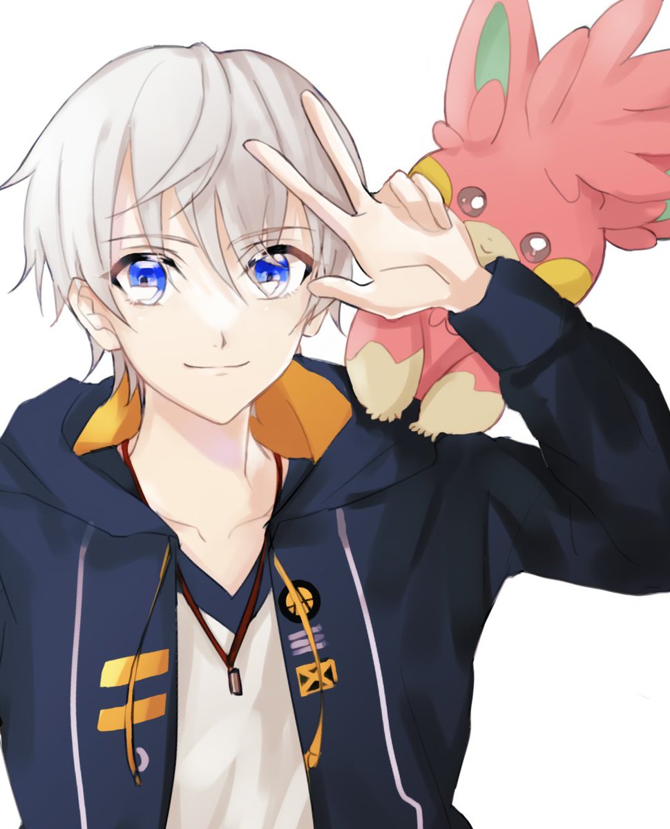 1boy male focus blue eyes smile hood white background looking at viewer  illustration images