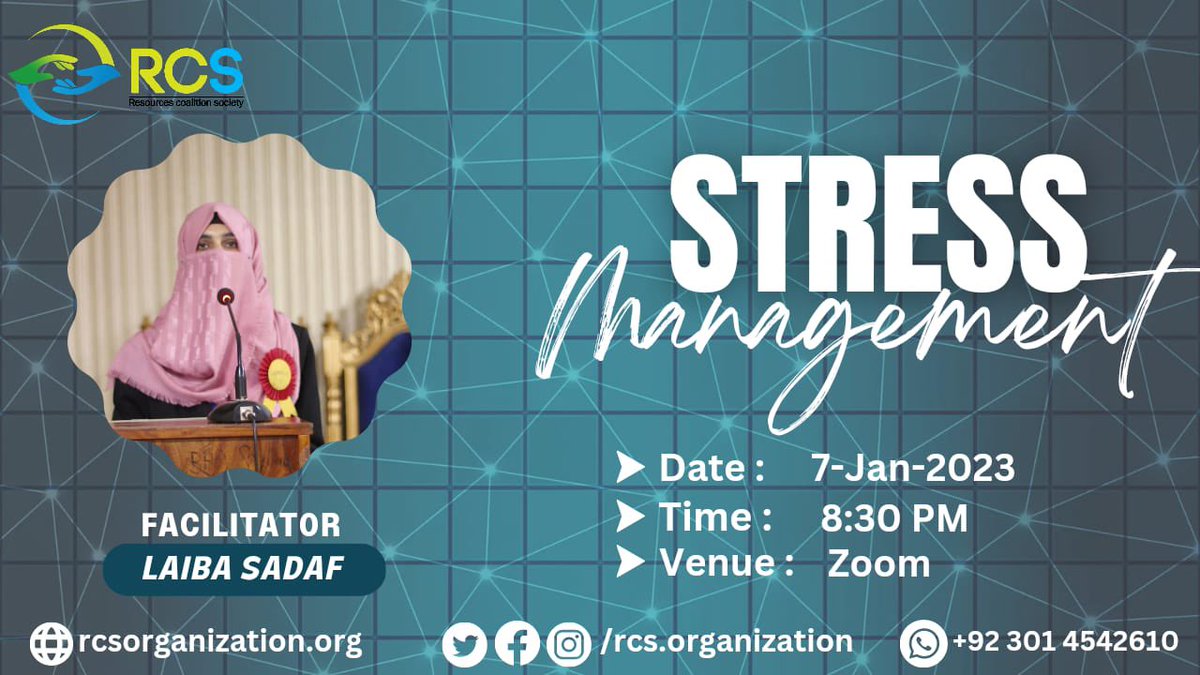 RcsOrganization's tweet photo. Resources Coalition Society cordially invites you to the Professional Development Training Program on "Stress Management" with our Fascilator , Laiba Sadaf.

#resourcescoalitionsociety #stressmanagement  #clinicalpsychology #psychologist #npo #rcs #rcsorganization https://t.co/Tbaos1OgJ5