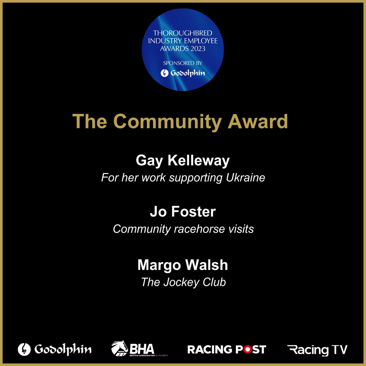 BHAHorseracing's tweet photo. Congratulations to the finalists for the Community Award category of the 2023 Thoroughbred Industry Employee Awards, sponsored by @godolphin💫 https://t.co/75ilqYRzv8