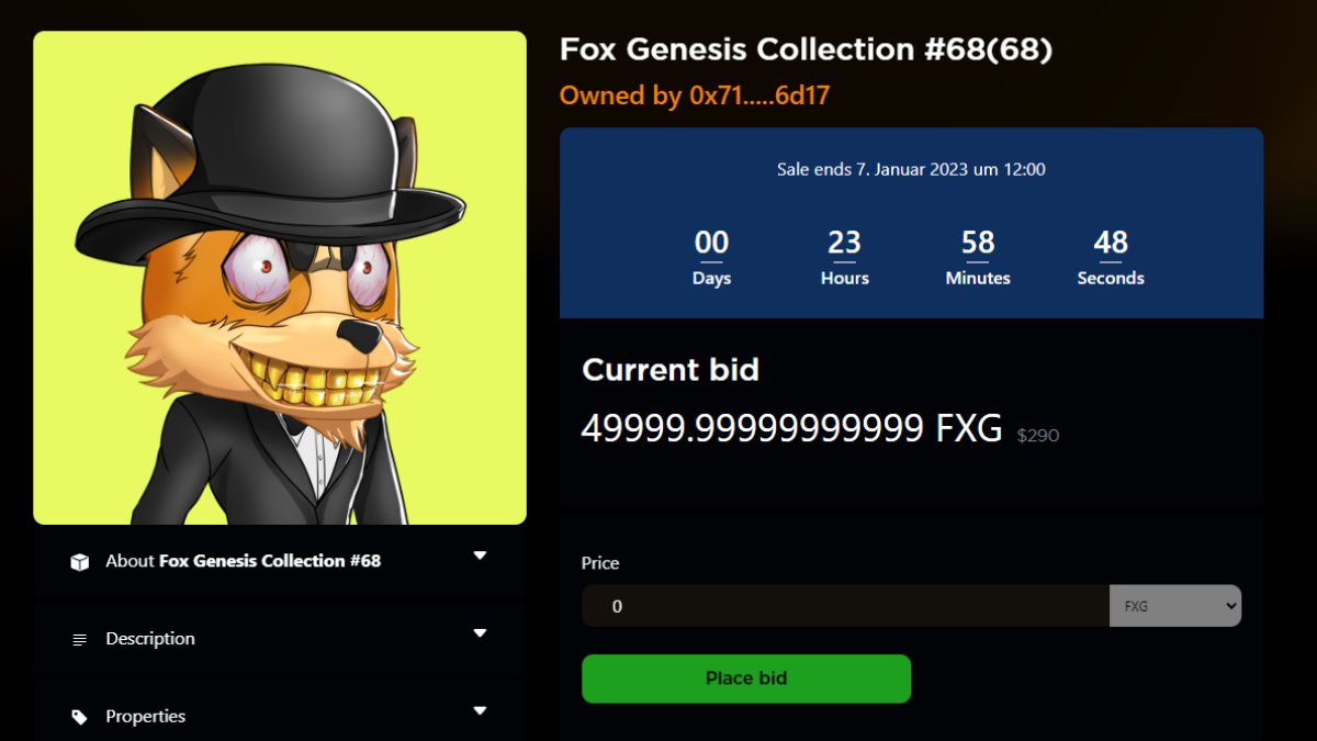 OfficialFoxCoin's tweet photo. 50,000 $FXG was bid on this rare fox with golden teeth and a gentleman's countenance... who will win this auction? 🦊👀

#NFTMarketplace #NFTauction #FunctionX #Bonk https://t.co/vbHYPYV2wO