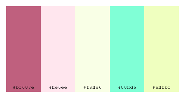 ColPaletteBot's tweet photo. Beep beep, here's a pretty color palette for you!
color-scheme.js parameters used:
- hue: 349
- variation: light
- colors: #bf607e, #ffe6ee, #f9ffe6, #80ffd6, #efffbf
Have a lovely day!
#twitterbot #colorpalette #colors #palette #prettycolors https://t.co/7d8orBBHsS