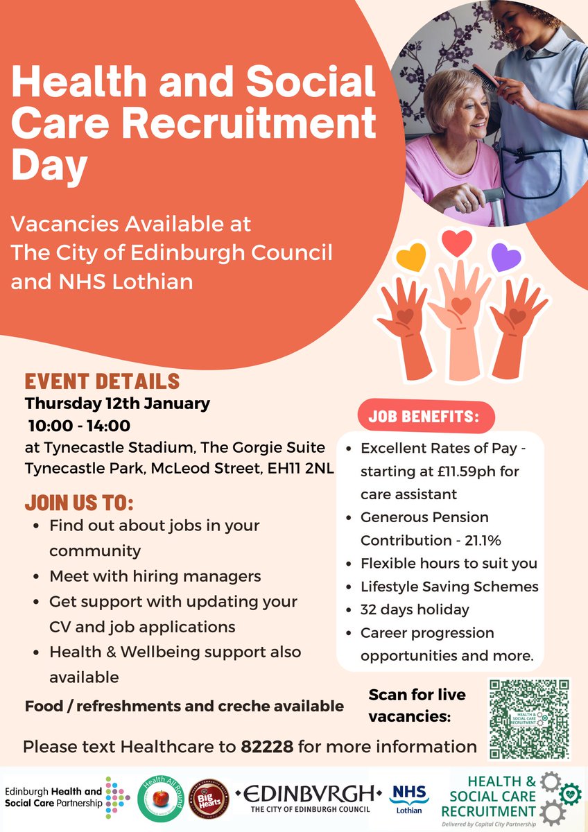 🗓️ Recruitment Open Day at Tynecastle Park on Thursday 12th January! 

Would you like to work for <a href="/Edinburgh_CC/">The City of Edinburgh Council</a> and <a href="/NHS_Lothian/">NHS Lothian</a>? 📌 Then come to the Gorgie suite, 10am-2pm, to hear about jobs in health and social care! 

<a href="/EdinburghHSCP/">The Edinburgh Health and Social Care Partnership</a> <a href="/HealthAllRound/">Health All Round</a> <a href="/JamTarts/">Heart of Midlothian FC</a>